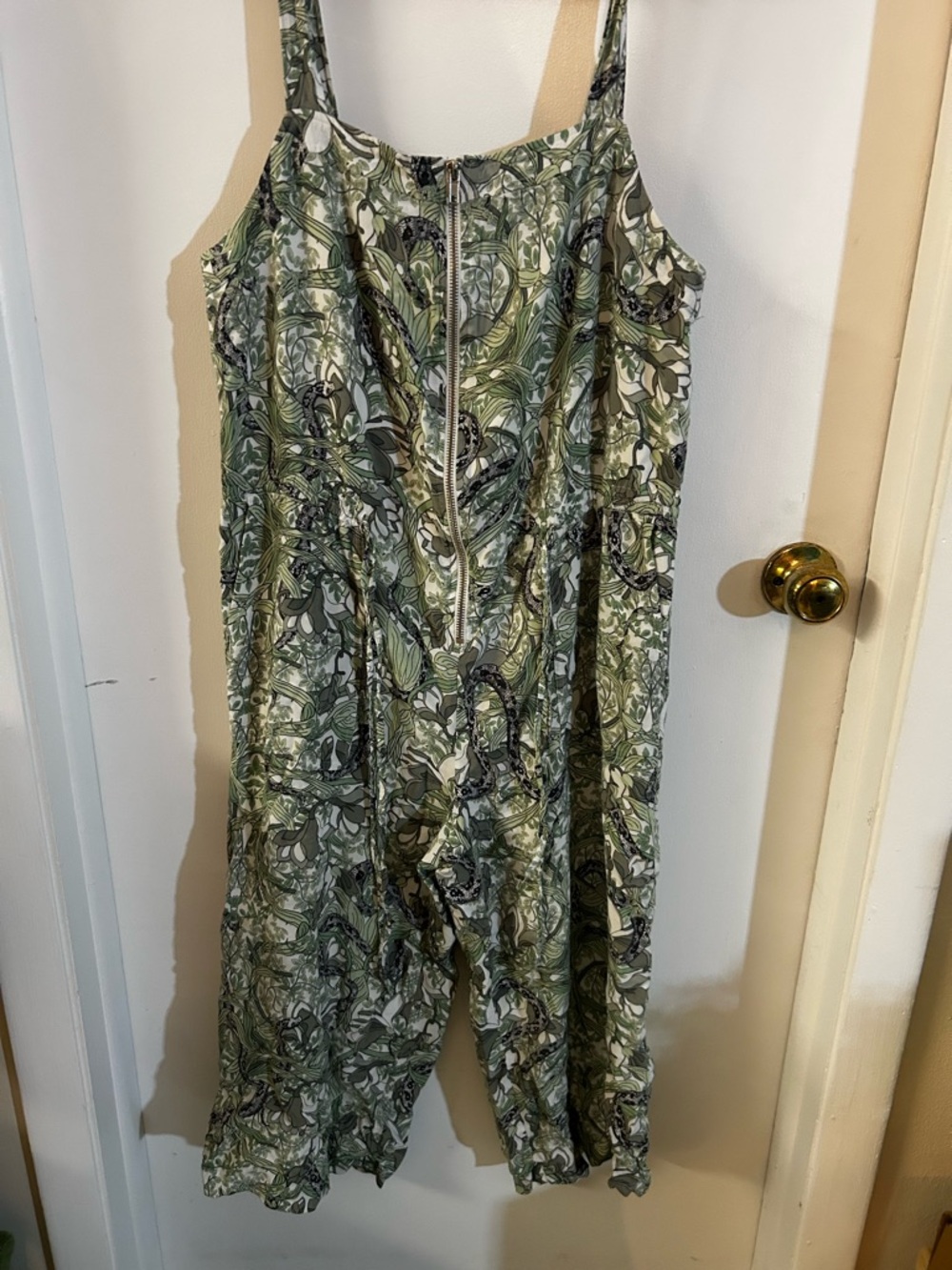 Guess Green Snakes and Botanical Print Sleeveless Jumpsuit with Front Zip